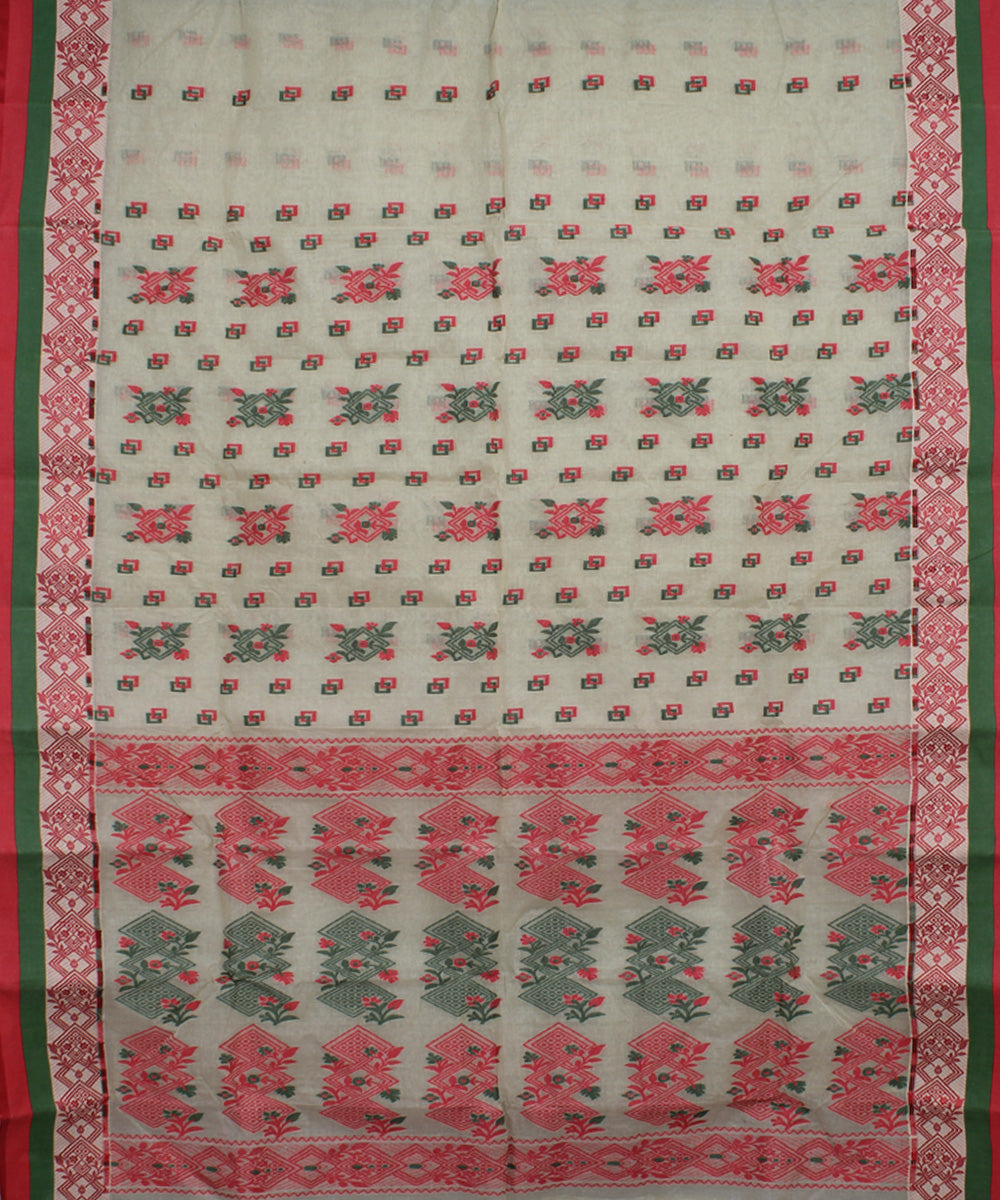 Beige red green cotton handloom bengal tangail saree