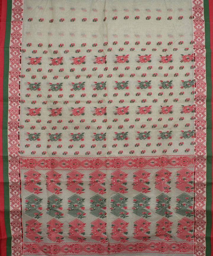 Beige red green cotton handloom bengal tangail saree
