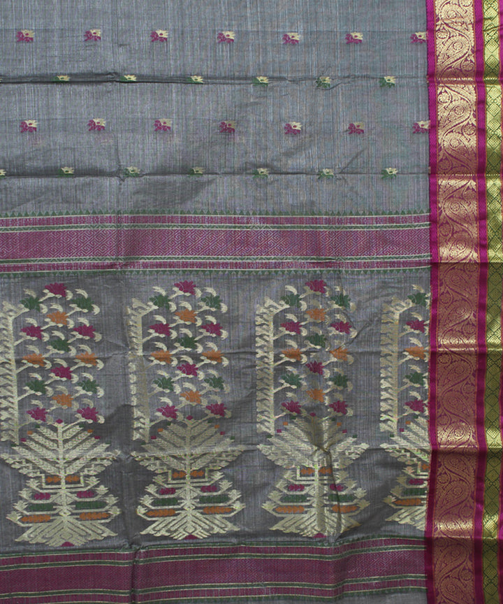 Grey magenta tussar cotton handloom bengal tangail saree