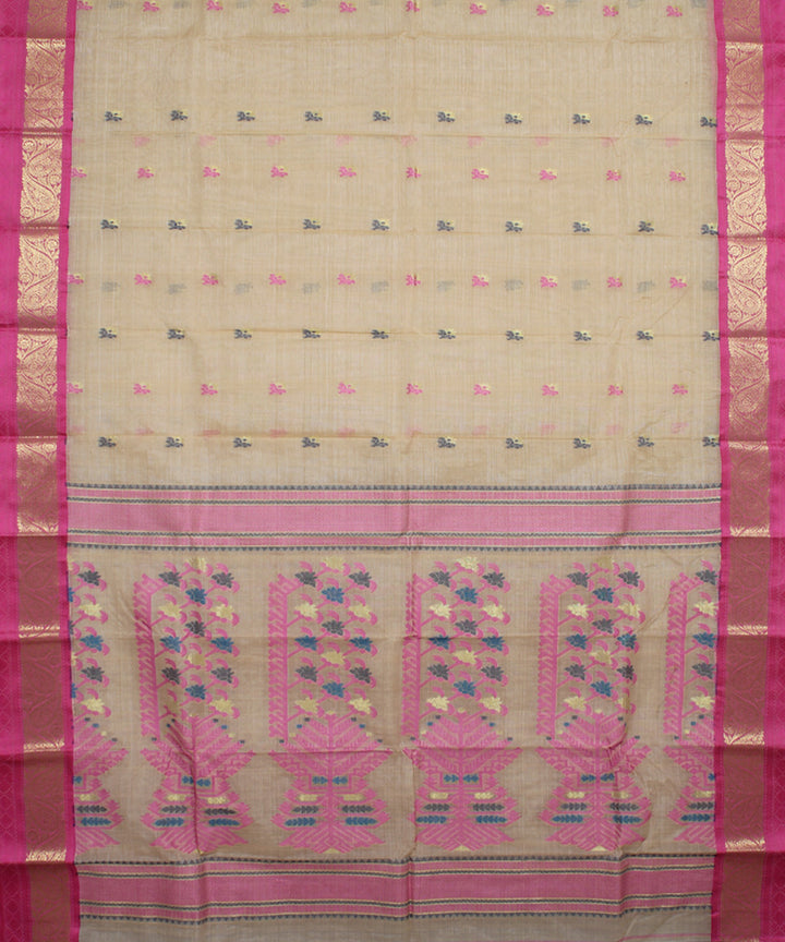 Beige pink tussar cotton handloom bengal tangail saree