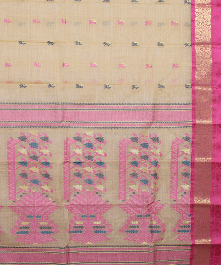 Beige pink tussar cotton handloom bengal tangail saree
