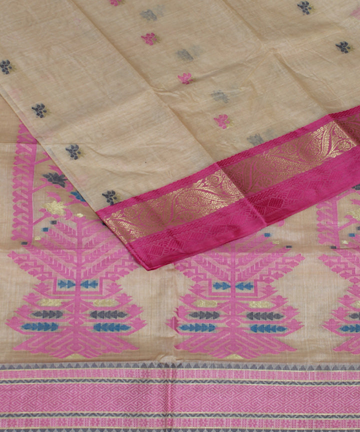 Beige pink tussar cotton handloom bengal tangail saree