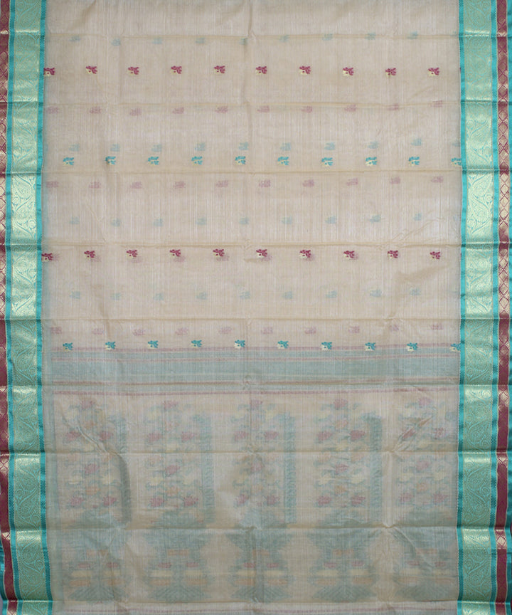 Beige green tussar cotton handloom bengal tangail saree
