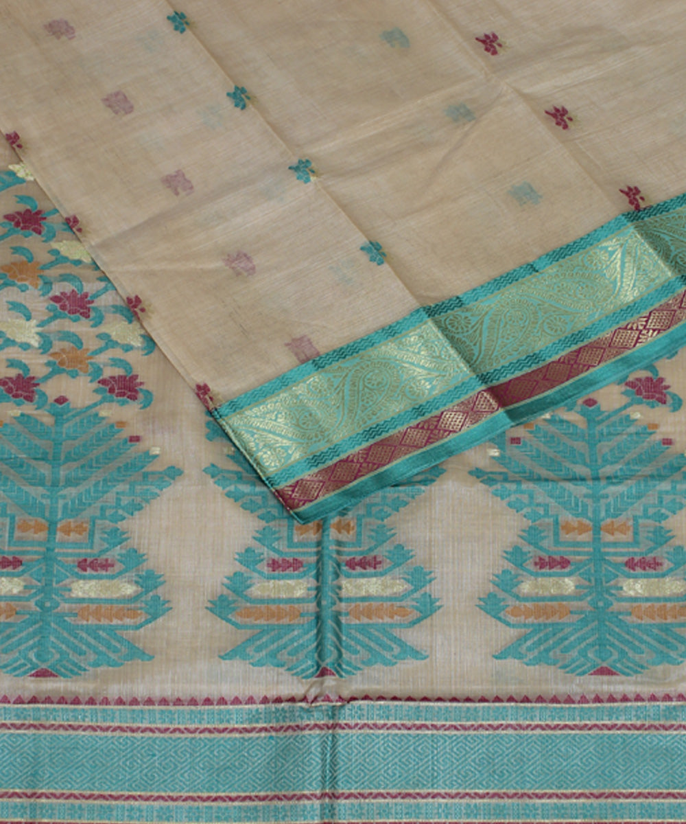 Beige green tussar cotton handloom bengal tangail saree