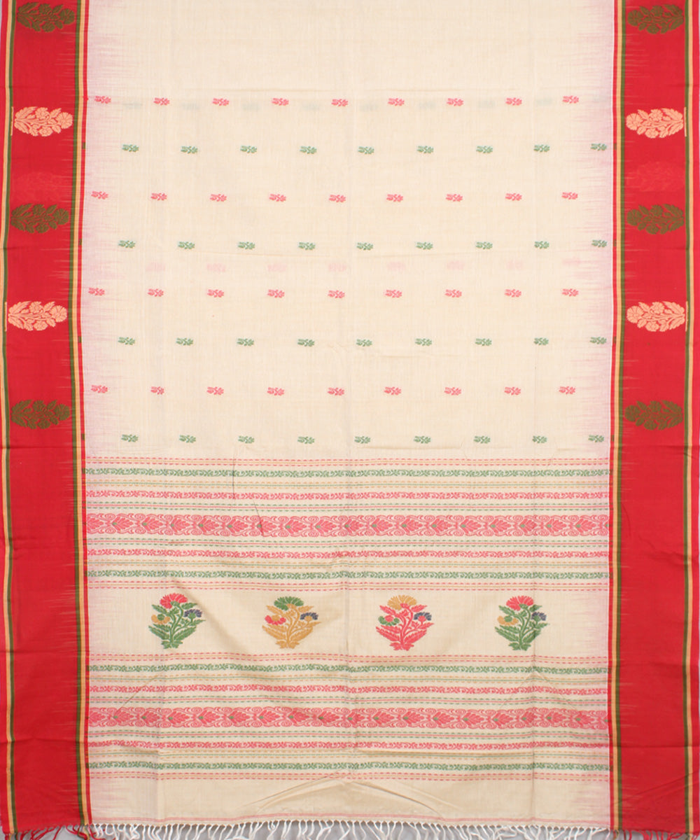 Offwhite red mercerised cotton handloom bengal saree