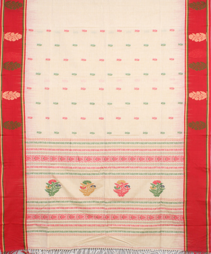 Offwhite red mercerised cotton handloom bengal saree
