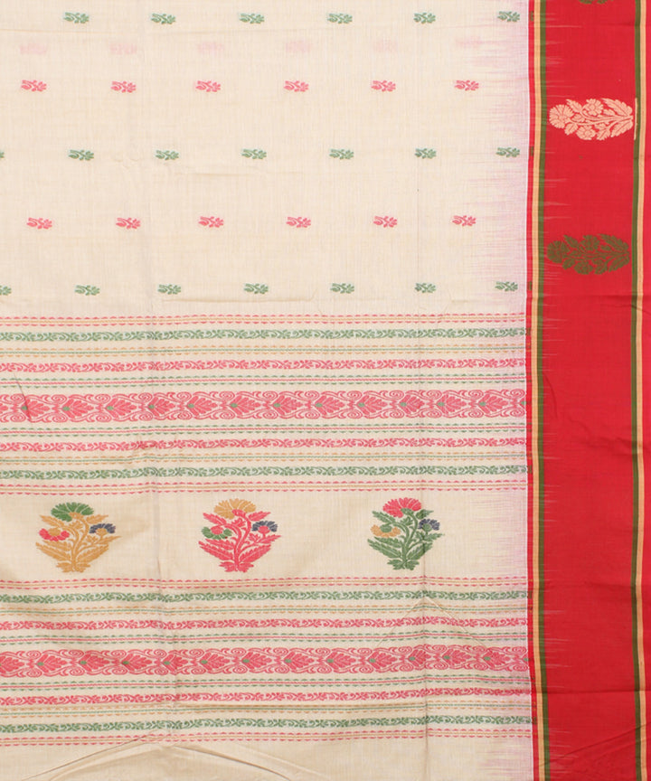 Offwhite red mercerised cotton handloom bengal saree