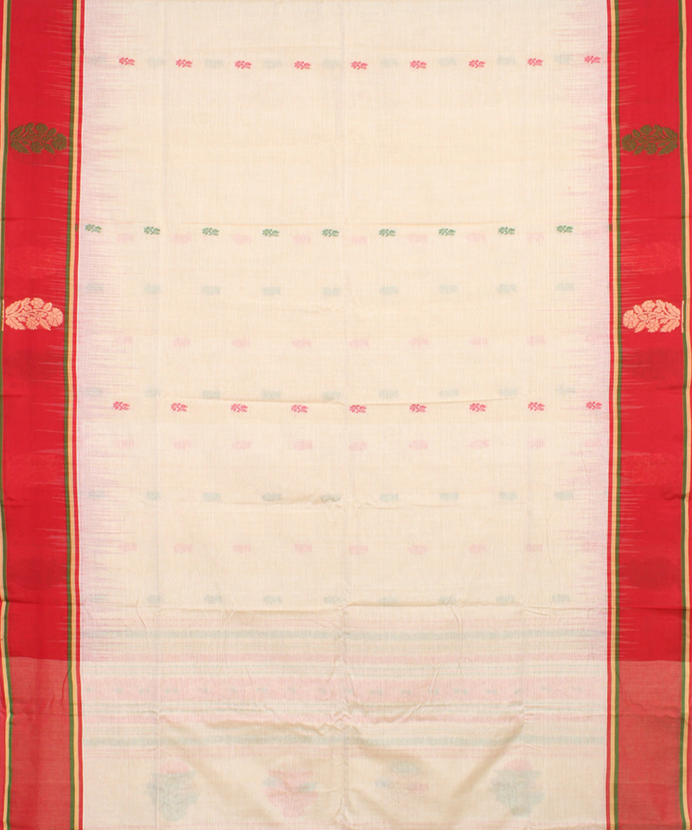 Offwhite red mercerised cotton handloom bengal saree