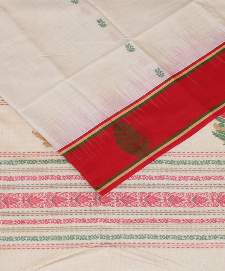 Offwhite red mercerised cotton handloom bengal saree