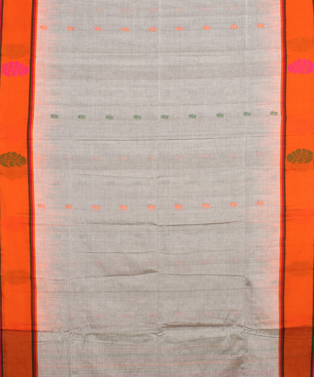 Grey orange mercerised cotton handloom bengal saree