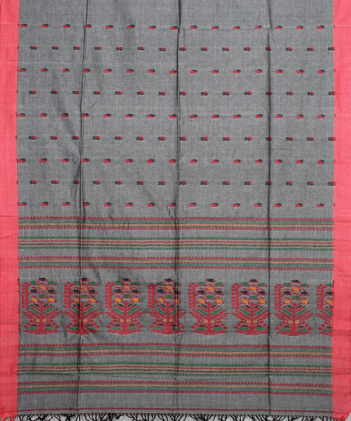 Grey red handloom mercerised cotton bengal saree
