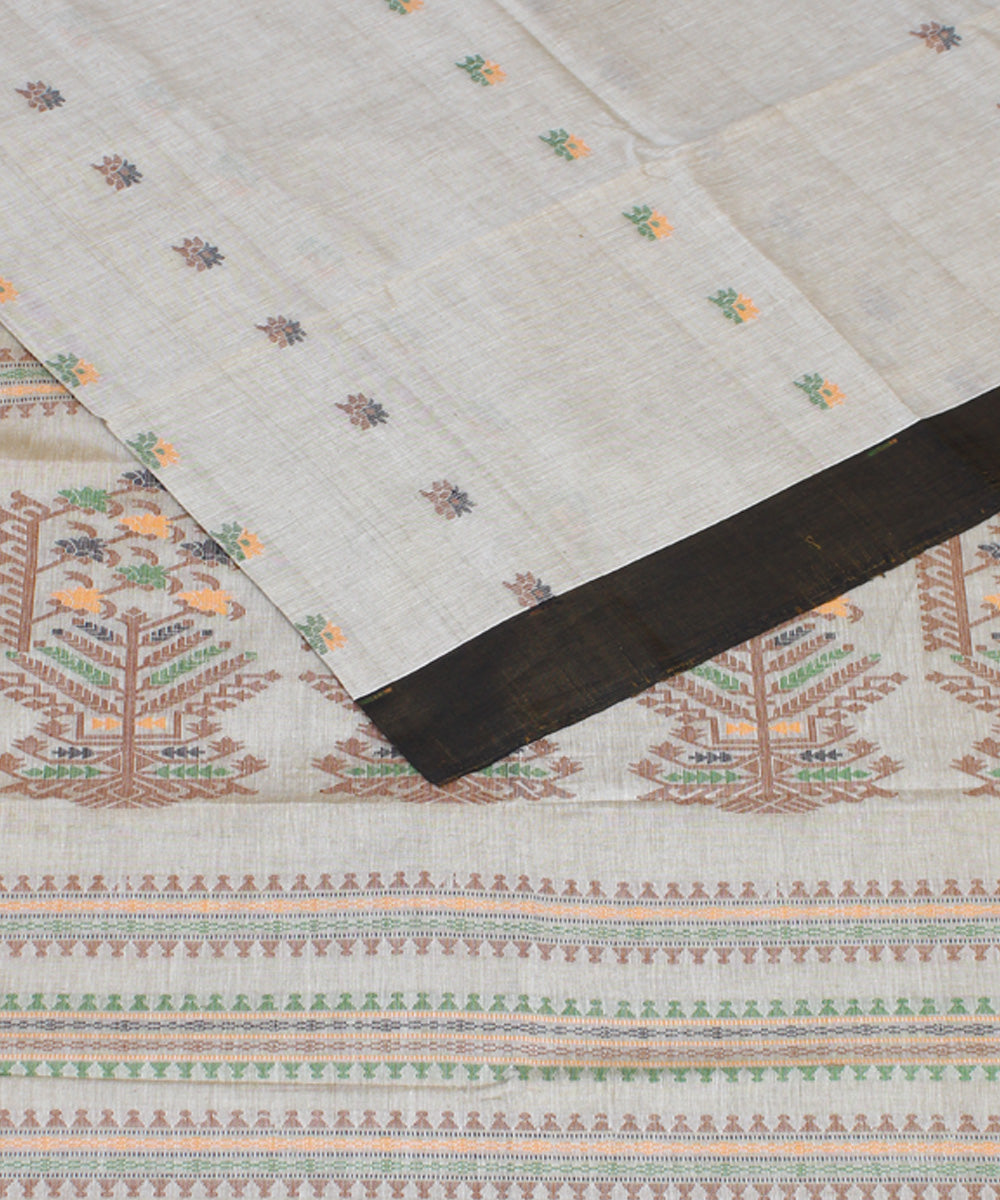 Beige black mercerised cotton handloom bengal saree