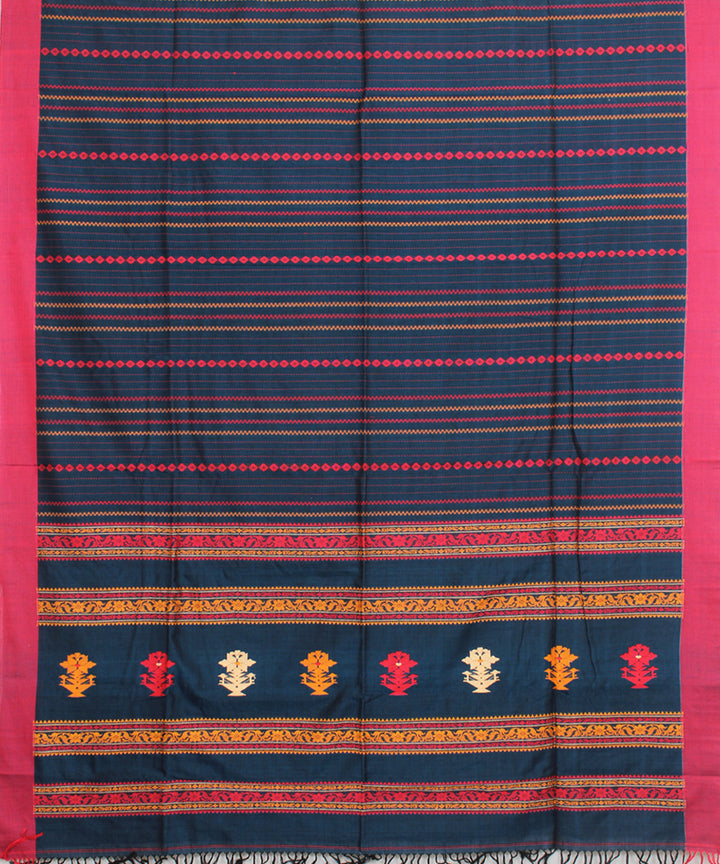Navy blue pink mercerised cotton handloom bengal saree