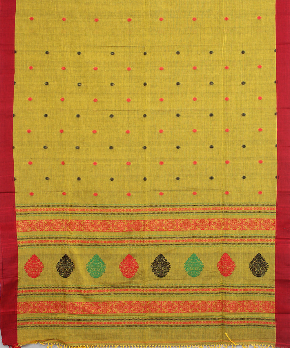 Mustard red mercerised cotton handloom bengal saree
