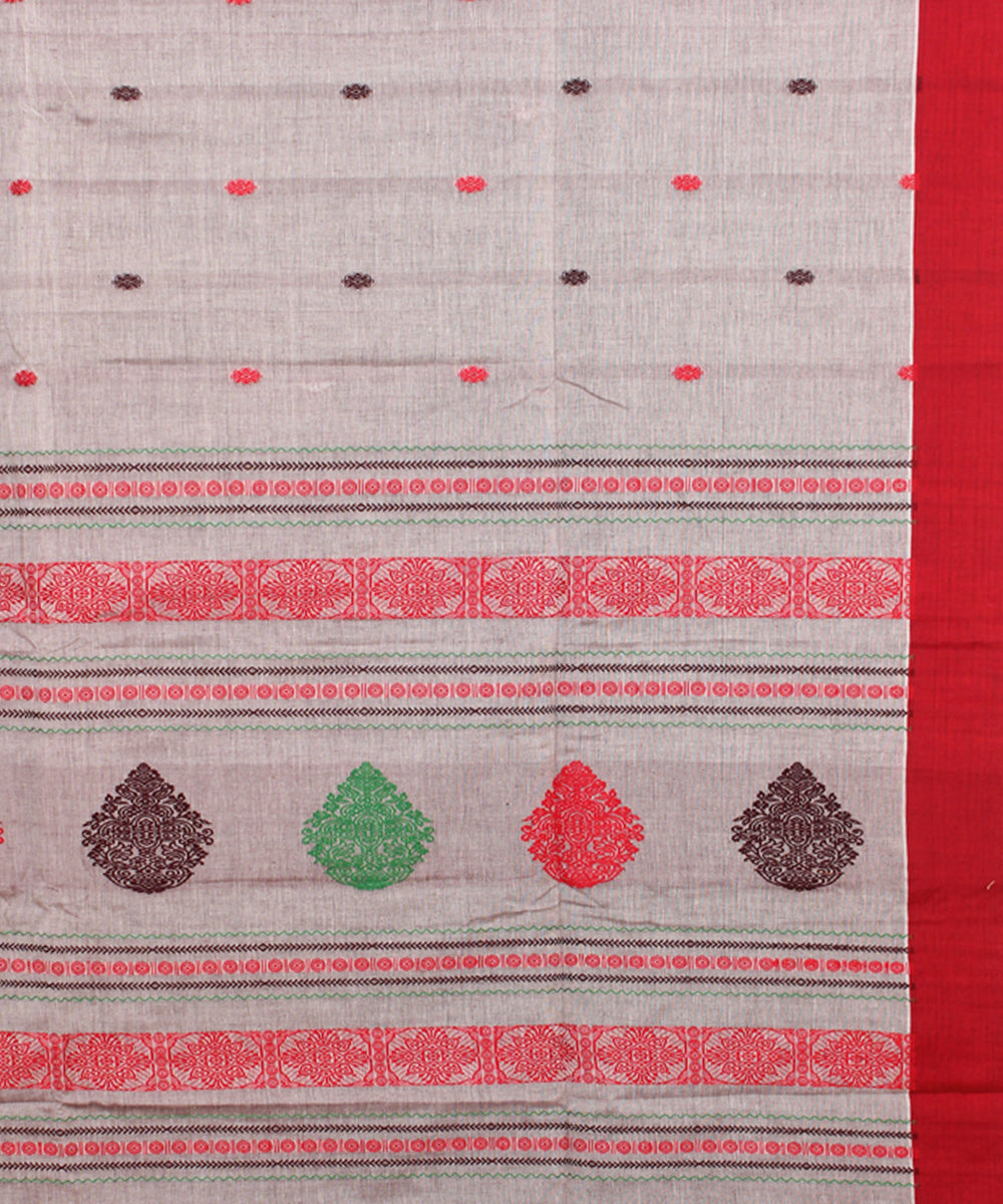 Grey red mercerised cotton handloom bengal saree