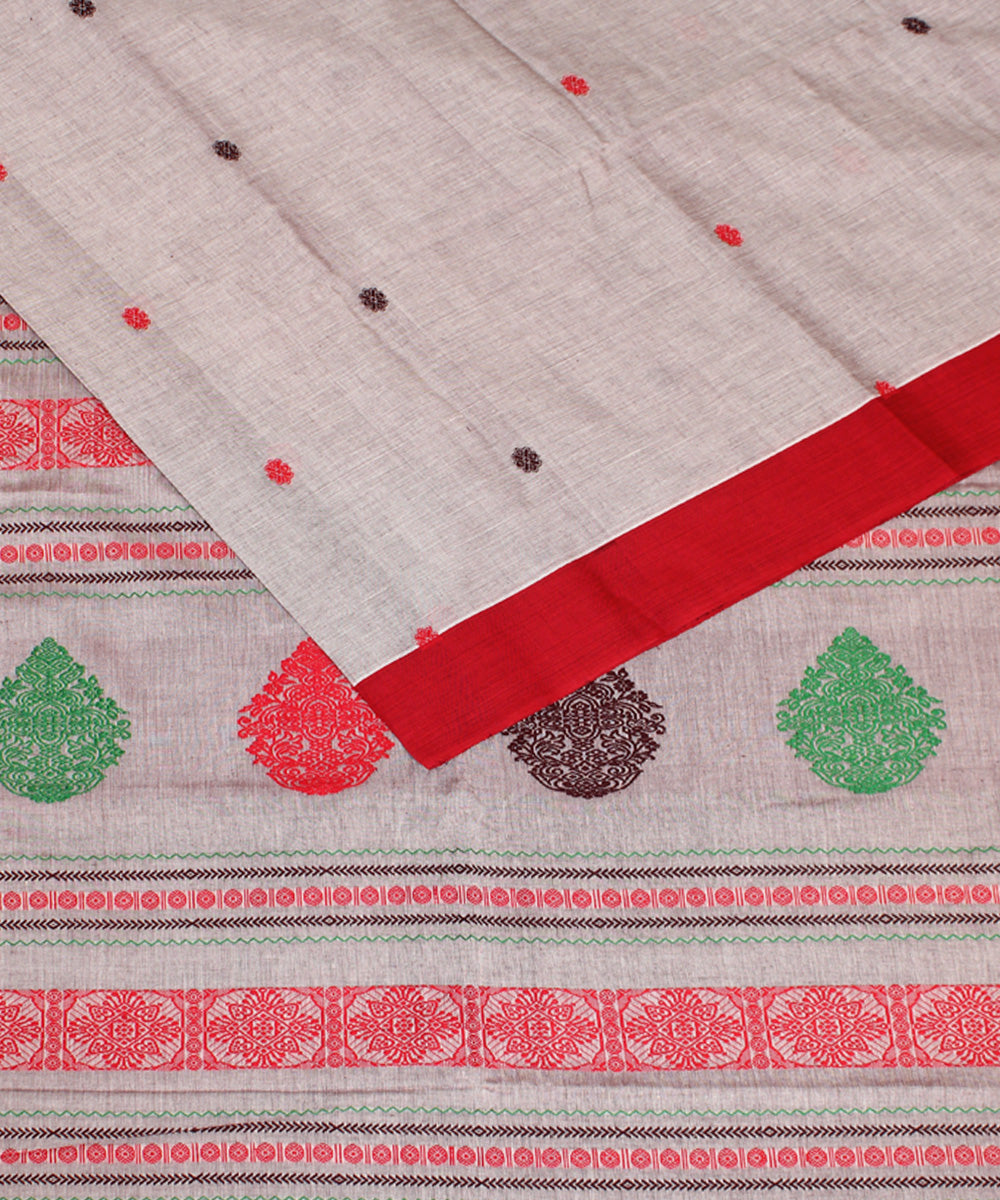 Grey red mercerised cotton handloom bengal saree