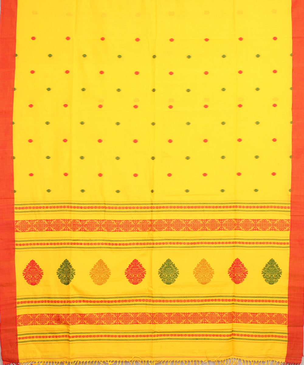 Yellow red mercerised cotton handloom bengal saree