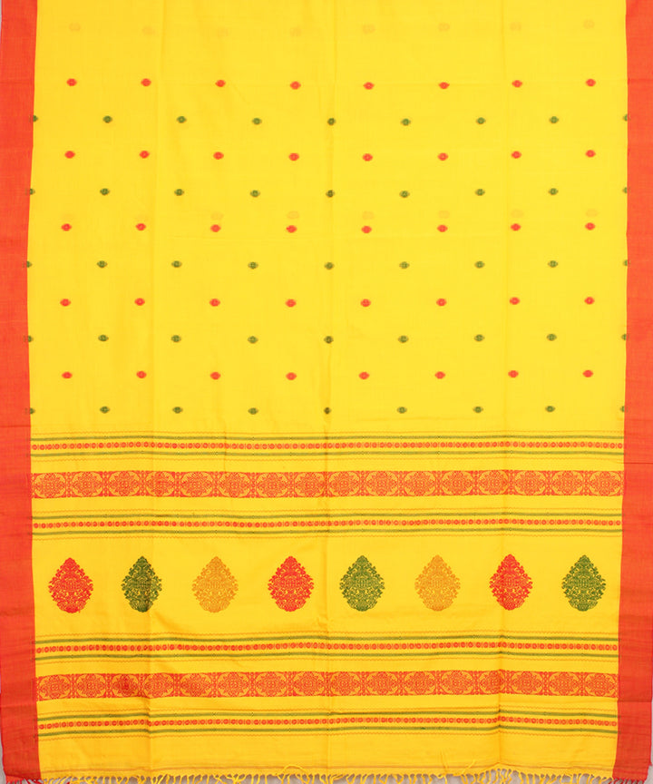 Yellow red mercerised cotton handloom bengal saree