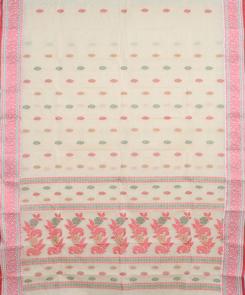 Offwhite pink cotton handloom bengal tangail saree