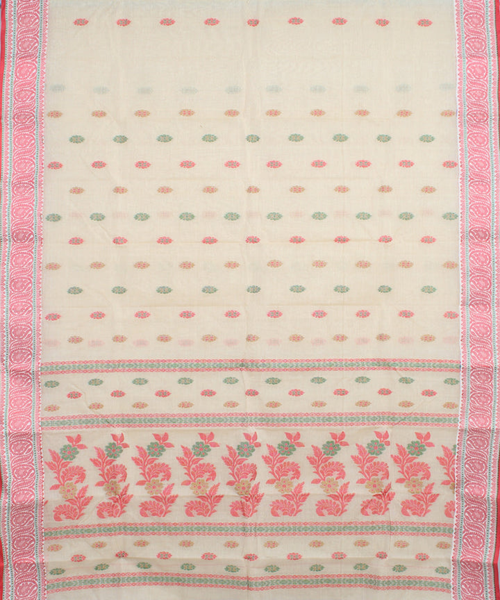 Offwhite pink cotton handloom bengal tangail saree