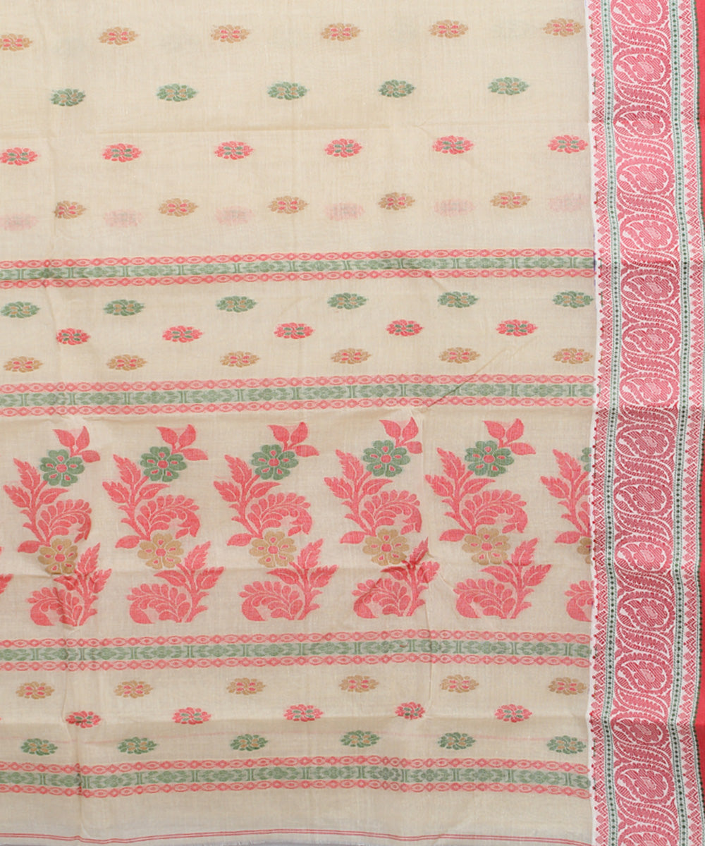 Offwhite pink cotton handloom bengal tangail saree