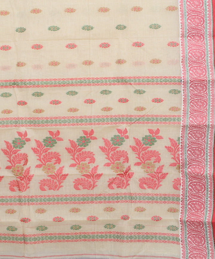 Offwhite pink cotton handloom bengal tangail saree