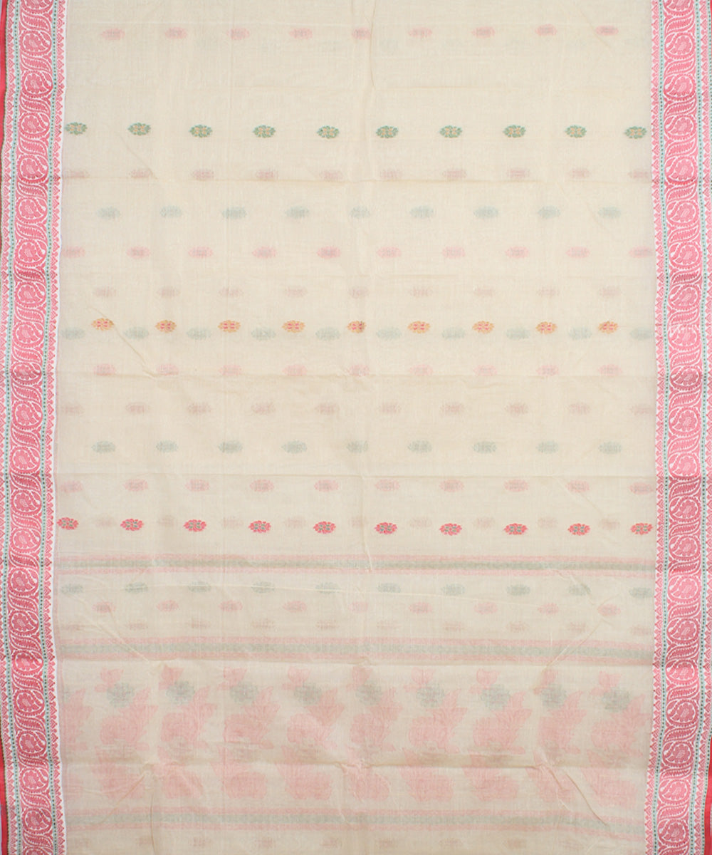 Offwhite pink cotton handloom bengal tangail saree