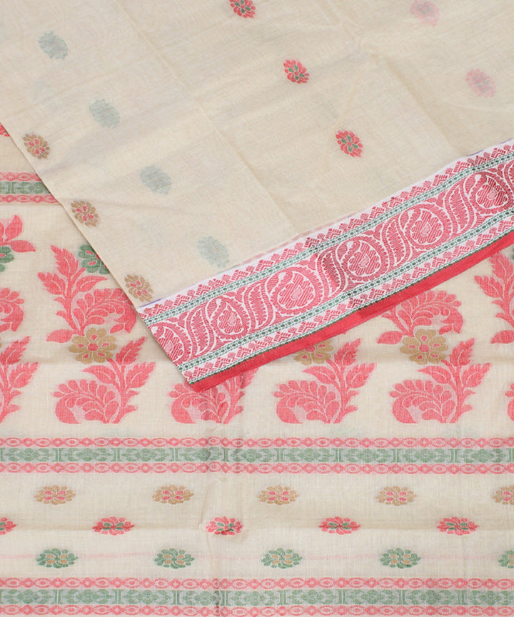 Offwhite pink cotton handloom bengal tangail saree