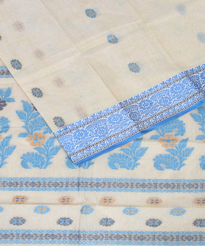 Offwhite blue cotton handloom bengal tangail saree