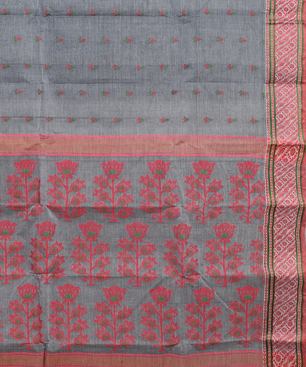 Grey red cotton handloom bengal tangail saree