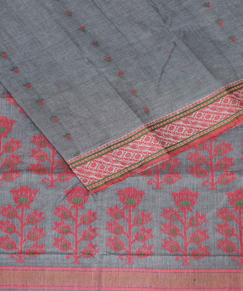 Grey red cotton handloom bengal tangail saree