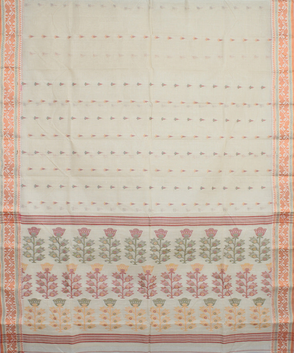 Offwhite orange cotton handloom bengal tangail saree