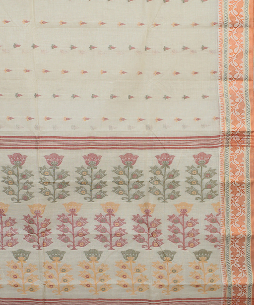 Offwhite orange cotton handloom bengal tangail saree