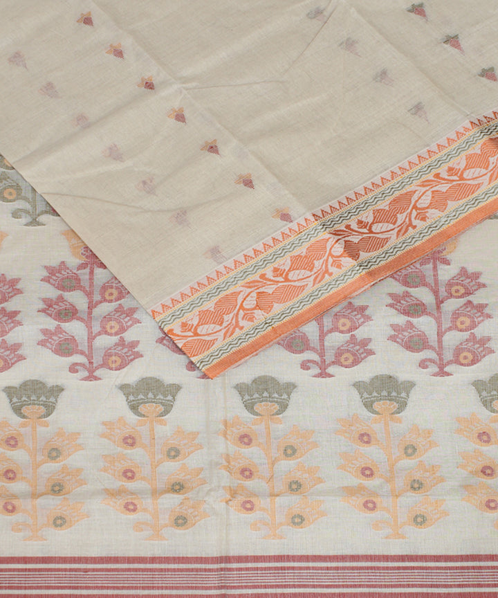 Offwhite orange cotton handloom bengal tangail saree