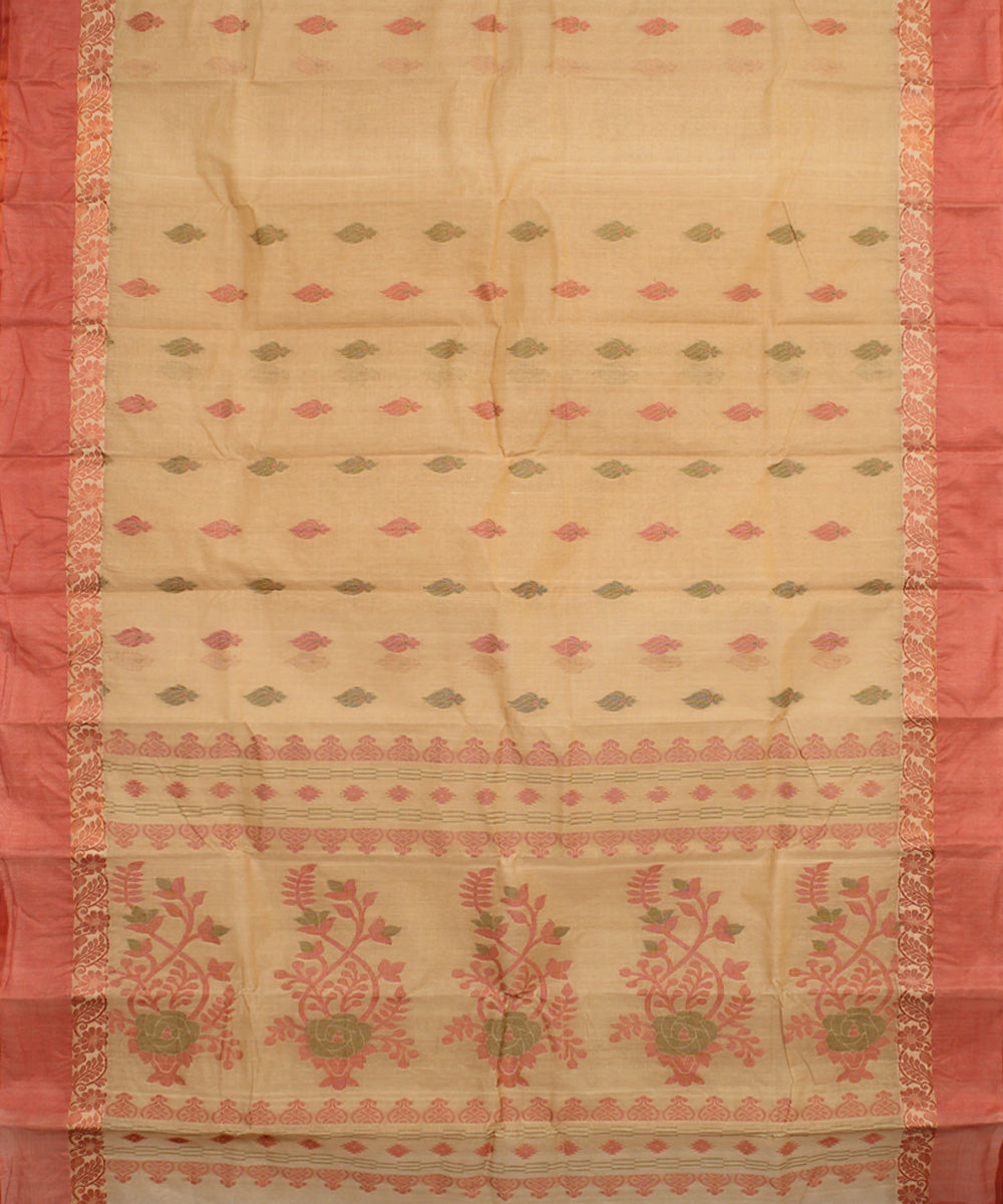 Beige red cotton handloom bengal tangail saree