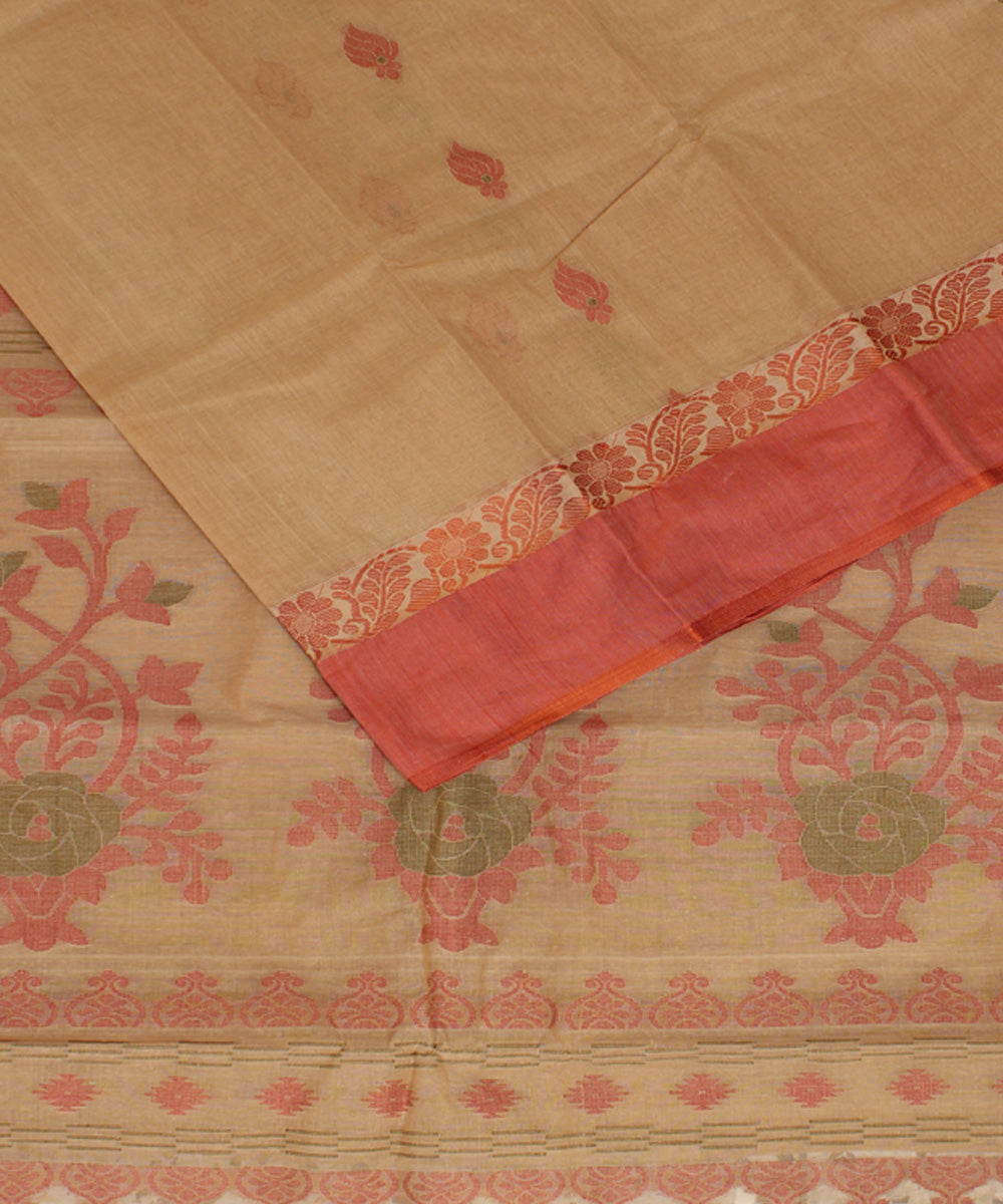 Beige red cotton handloom bengal tangail saree