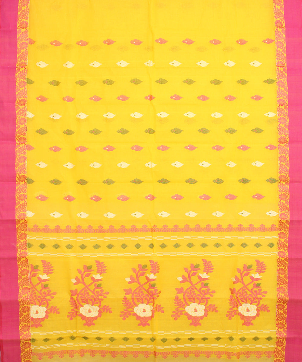 Light yellow pink cotton handloom bengal tangail saree