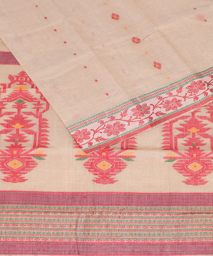 Offwhite red cotton handloom bengal tangail saree