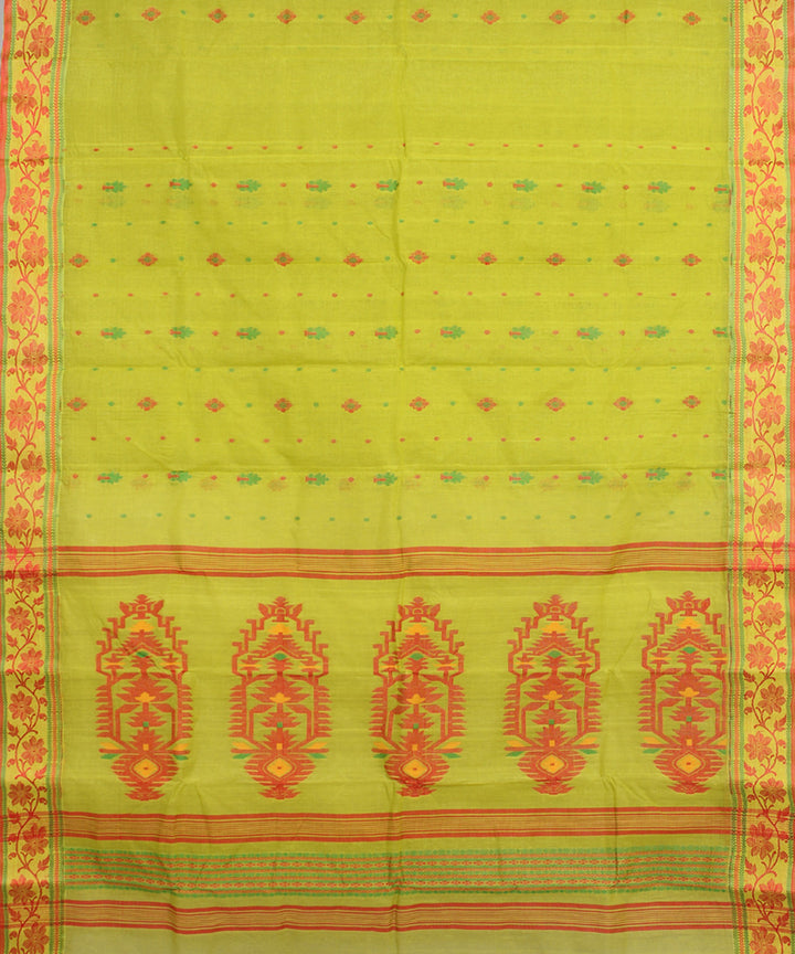 Lemon green red cotton handloom bengal tangail saree