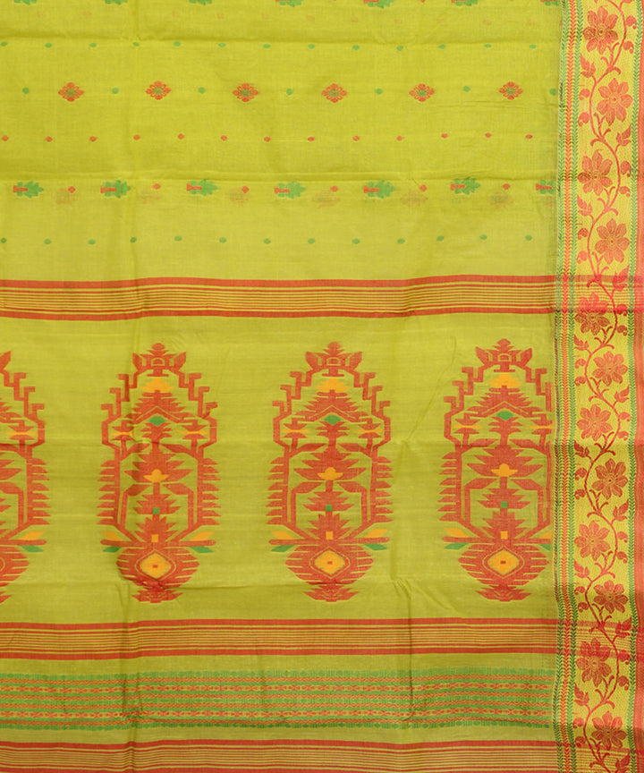 Lemon green red cotton handloom bengal tangail saree