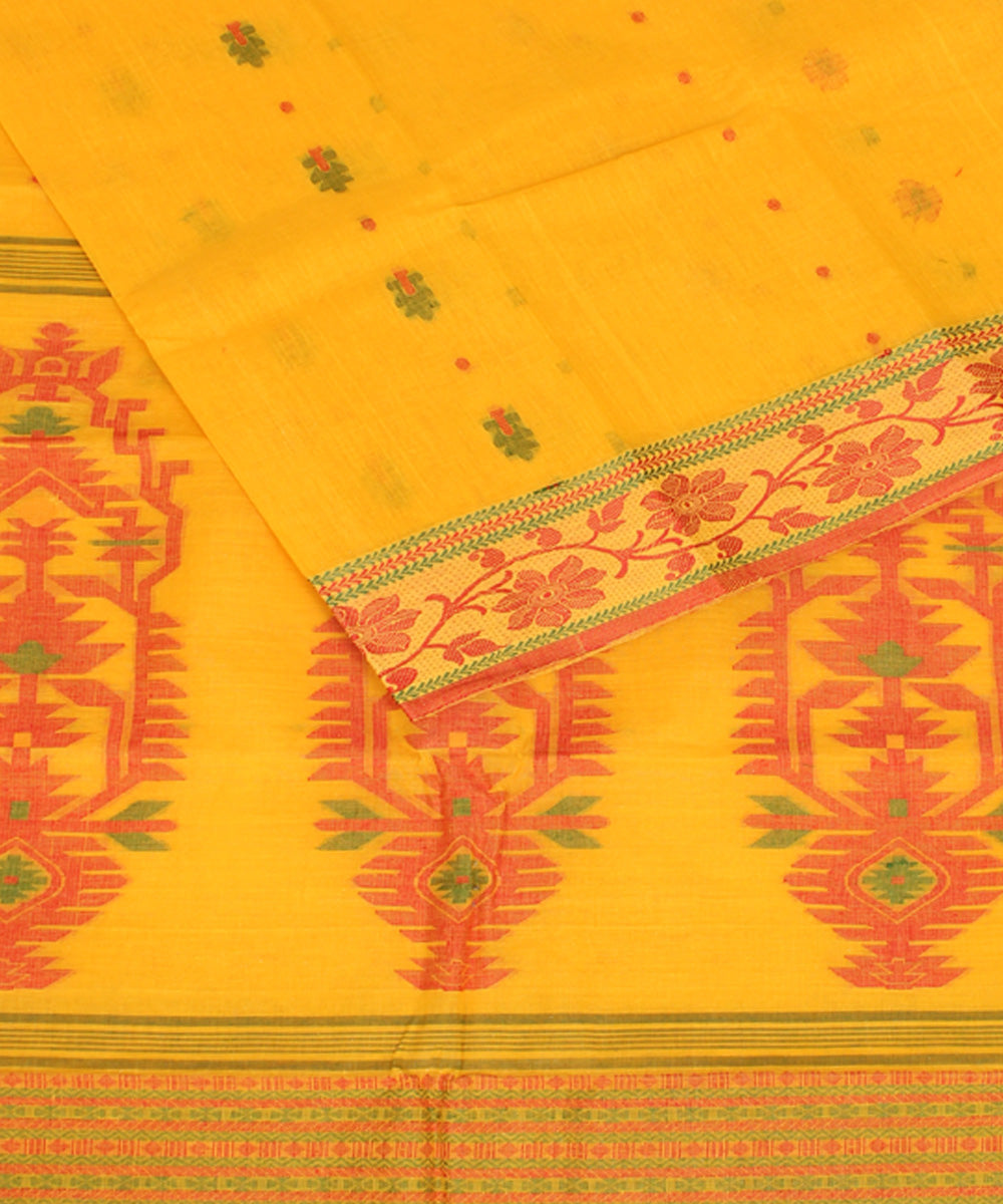 Yellow red cotton bengal handloom tangail saree