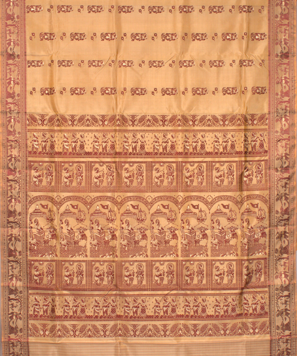 Beige mustard handwoven silk baluchari saree