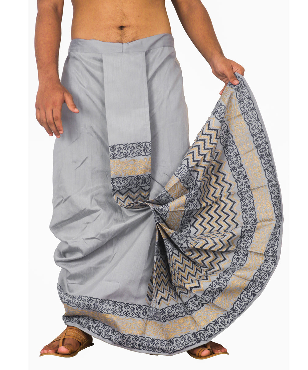 Grey hand block printed art silk dhoti