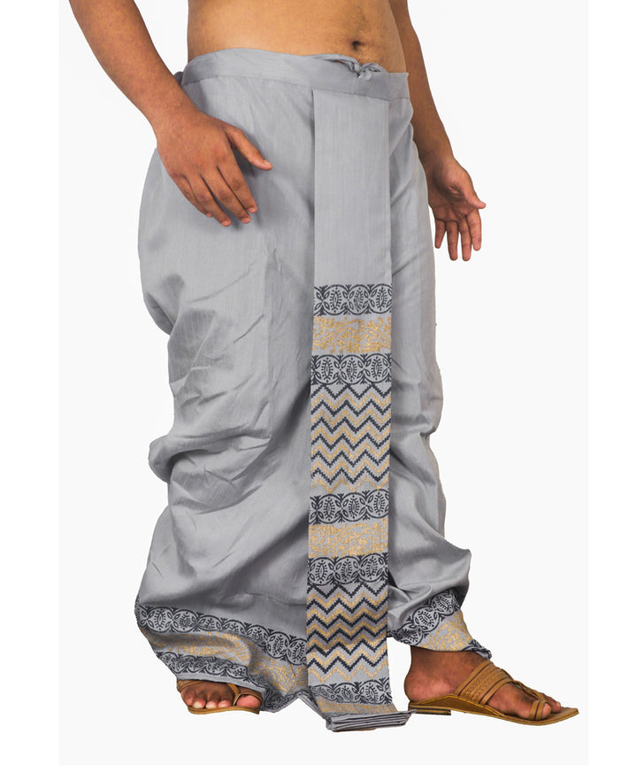 Grey hand block printed art silk dhoti