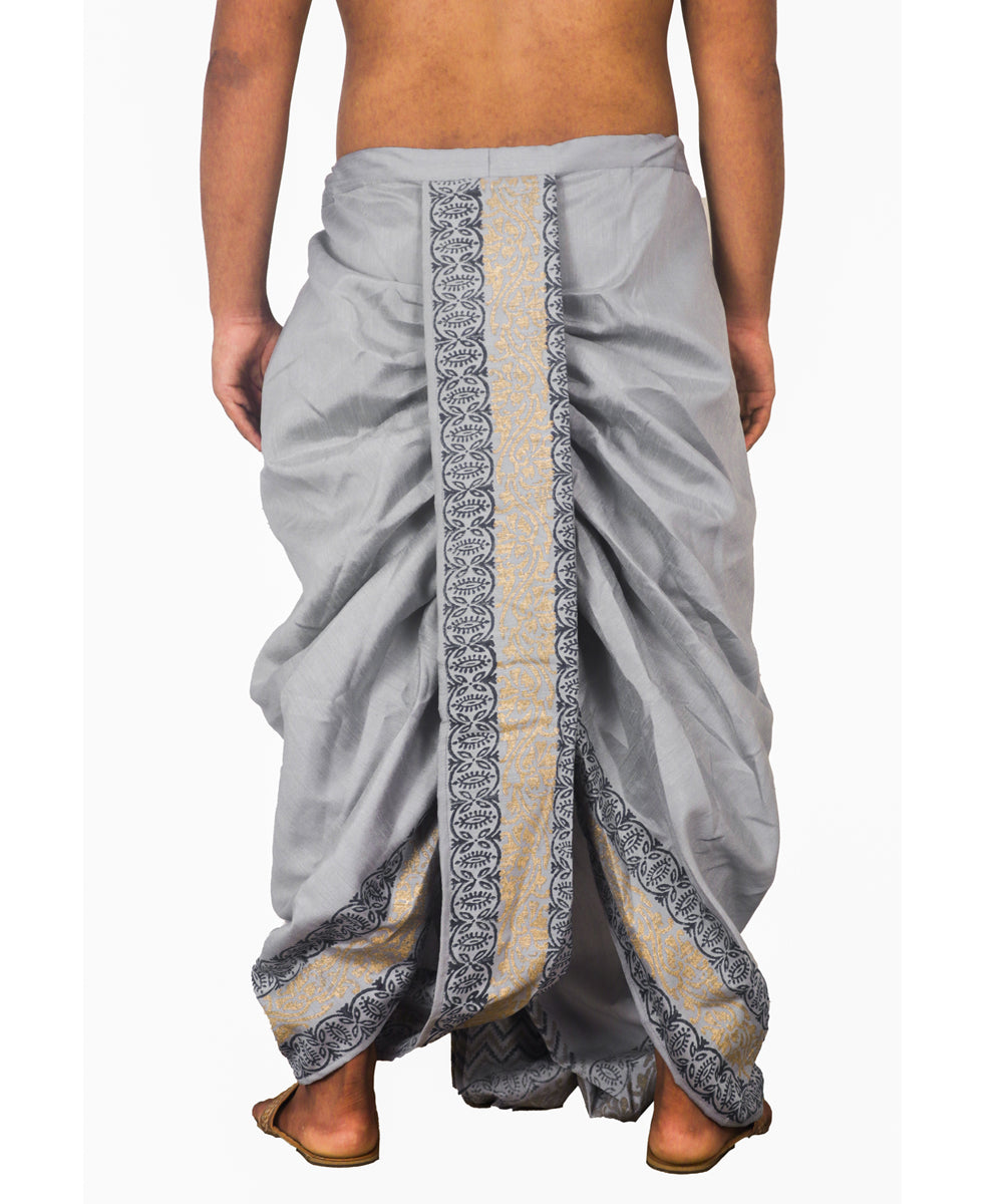 Grey hand block printed art silk dhoti