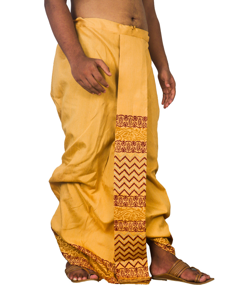 Mustard hand block printed art silk dhoti