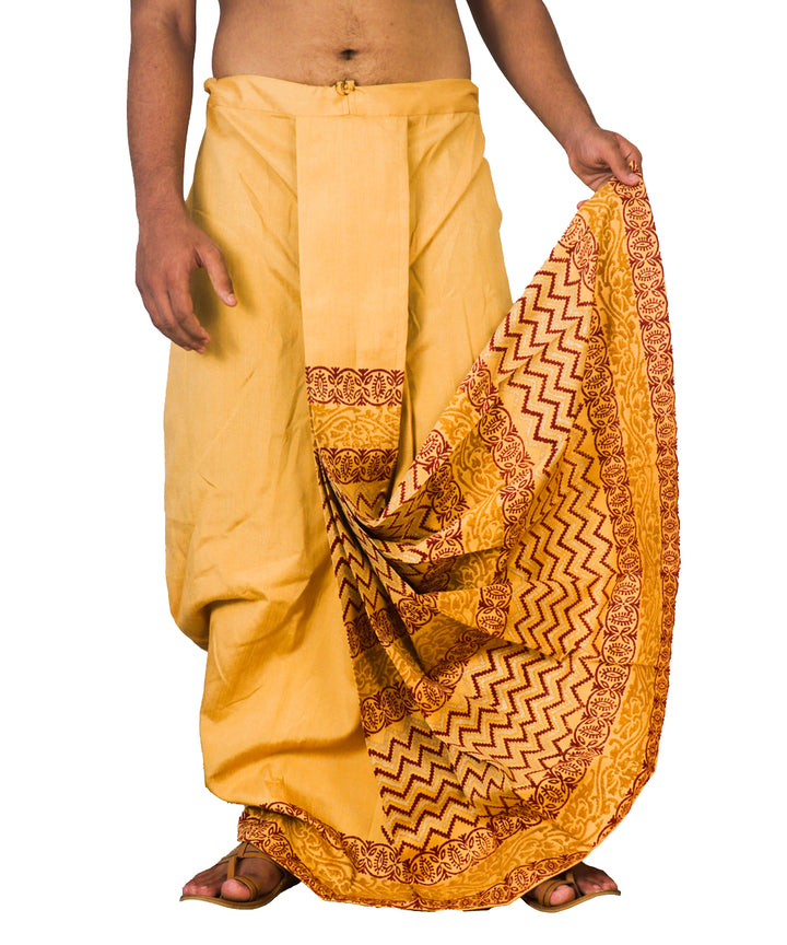 Mustard hand block printed art silk dhoti