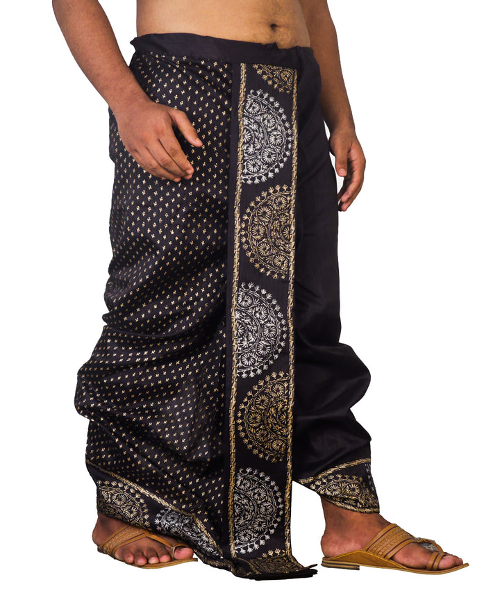 Black art silk hand block printed dhoti