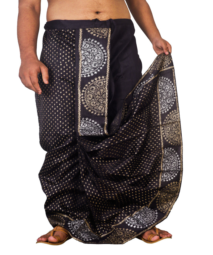 Black art silk hand block printed dhoti