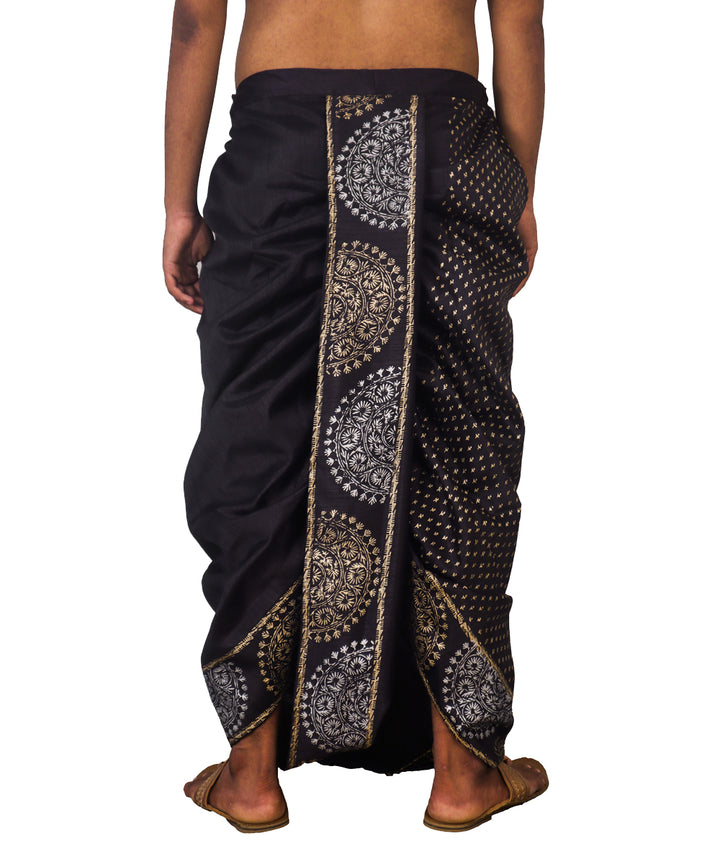 Black art silk hand block printed dhoti